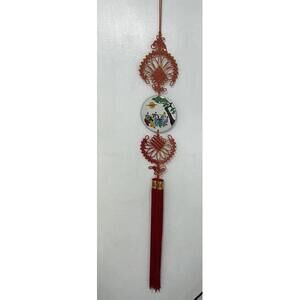 VINTAGE CHINESE LUCKY KNOTS MACRAME HANGING WALL ART W/ ENAMELED MEDALLION 50”